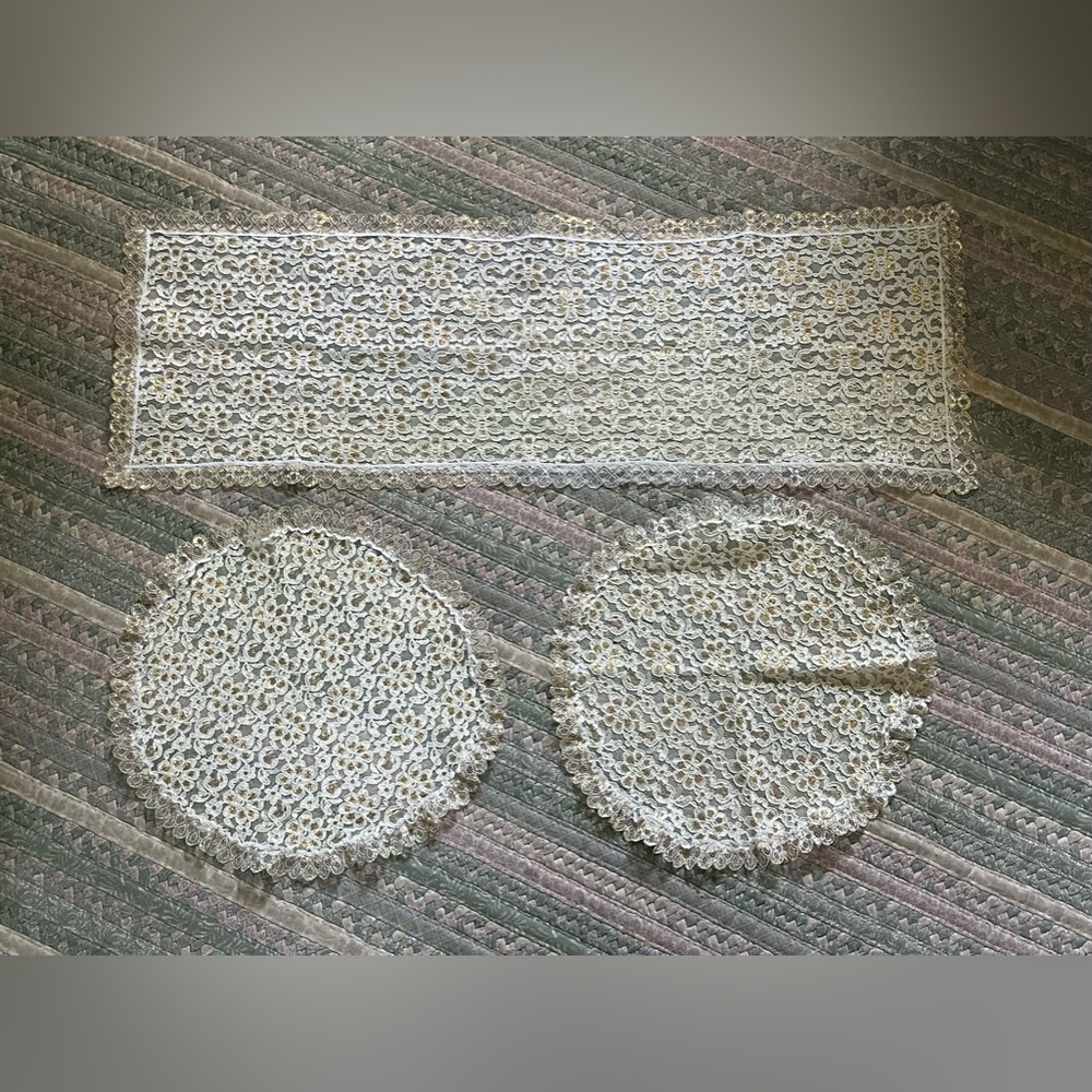 Vintage Gold lace runner 33x12” and doilies 14” set of 3